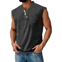 Men's Casual Sleeveless Henley Shirt, Vintage Cotton Tank Top with Pocket, Summer Fashion L juoda