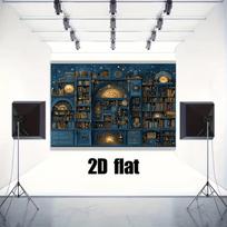 2D Cosmic Astrology Bookshelf Backdrop, Ornate Blue Shelves with Golden Instruments & Books Decor 47.2x31.5inch/120*80cm