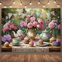 2D Vintage Tea Party Backdrop Pink Roses Teapot Cupcake Garden Background 47.2x31.5inch/120*80cm