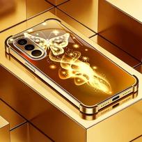 Golden butterfly plated glass phone case suitable for Samsung Galaxy S26 S25 S24 S23 S22 S20 FE/Ultra/Plus anti drop back cover GalaxyS26 orange