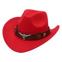 Classic Cattleman Cowboy Hat Retro Bull Head Studded Leather Band Felt Hat Unisex Western Party Cosplay Hat Wide Brim Fedora raudona