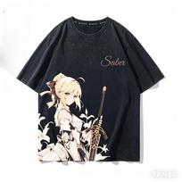 Cool Stylish Vintage Classic Washed Black Fate Series Saber Lily Anime Casual Cotton Short-Sleeve T-Shirt L