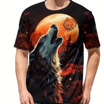 Men's Wolf & Red Moon Graphic T-shirt, Active Slightly Stretch Breathable 3D Print Tee For Outdoor S