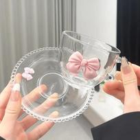 Stiklinis puodelis su lankelio formos nišiniu dizainu, aukštos estetikos, su ins rankena, vandens puodelis, namų kavos puodelis ir lėkštelės rinkinys, gėrimų indai 220ml white