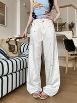Comfortable Vintage Small Flower Embroidery Wide Leg Jeans Women Early Autumn High Waist Loose Slim Straight Trousers Jeans for Women Long Denim Pants XS