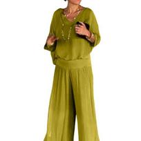 2 Pcs/Set Lady Top Pants Suit Baggy V Neck Pleated Wide Leg 3XL žalia