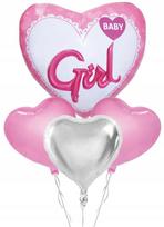 Zestaw Balonów Foliowych Baby Girl Shower Dziewczynka Serca Różowe 4Szt.