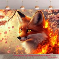 2D Flat Fire Fox Backdrop Magical Fox with Flame and Cherry Blossom Decor 47.2x31.5inch/120*80cm