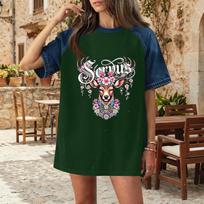 Casual Women Denim Patchwork Oktoberfest Graphic T Shirt Short Sleeve Comfortable Loose Fit Tee Top for Daily Wear XXL