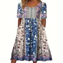 summer new women's Bohemia loose fashion print round neck short sleeve long dress S