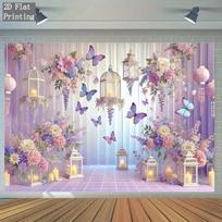 2D Flat Print Purple Flower Butterfly Backdrop Baby Shower Decor Background 47.2x31.5inch/120*80cm