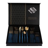 24Pcs Home Kitchen Tableware Stainless Steel Cutlery Set Dinnerware Forks Spoons Gold Plated Gift Box Set High Quality Polished Flatware Dinner Set 24 pcs set+gift box mėlyna