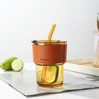 Tobulos dienos kavos puodelis su dangteliu Dvigubos sienelės stikliniai puodeliai puodeliai kava Silikoninis šiaudelis puodelis suvenyras personalizuotas Brown + cup sleeve brown
