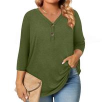 Womens 3/4 Length Sleeve Tops Plus Size Button Down V Neck Shirts Blouses Casual Solid Color Loose L armijos žalia spalva