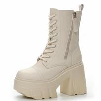 Fashion 11CM Microfiber Women Boots Platform Wedge Knee High Fashion British Boots ZIP Leather Ankle Spring Synthetic Autumn Shoes 34 smėlis