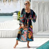 Women Bikini Kimono Cardigans Print Long Bathing Suit Cover Ups for Swimwear Plus Size Loungewear with Self Belt EMA One Size