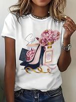 European sizes Women's Full-Body Print T-Shirt with 3D Pink Rose Black High-Heel Shoe - Short Sleeve Round Neck Casual Blouse for - Wear, Outfits S balta