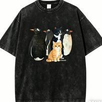 Vintage Washed Black TShirt Funny Cat Disguised As Penguin Graphic Tee Casual Oversized Short Sleeve Streetwear for Men Women S