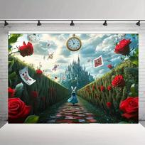 2D Alice in Wonderland Backdrop, Magical Rabbit & Castle Photography Background 47.2x31.5inch/120*80cm