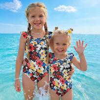 Girls One Piece Swimsuit Floral Print Sleeveless Summer Beachwear Kids Swimwear Comfortable Fit Lightweight Fabric 120 mėlyna