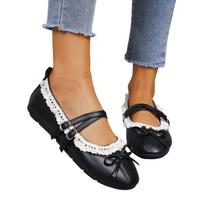 Girls Mary Jane Flats Double Buckle Straps Lace Trim Ballet Shoes Soft Sole Casual Slip On Footwear for Kids 36 juoda