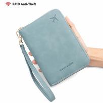 Multi-Functional PU RFID Passport Case Solid Color Anti-Magnetic Travel Wallet Zipper Closure Passport Holder Unisex šviesiai mėlyna spalva