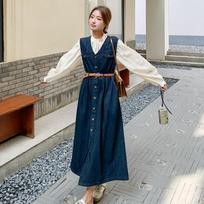 2024 New Hong Kong Style Retro Denim Dress Suit: Long-Sleeve Shirt & Denim Vest Skirt Set XL