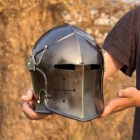 Juodas Barbuta šalmas Viduramžių riterio šarvai 18g Minkštas plienas LARP Cosplay Helovino kostiumas Su šalmu kario šalmas