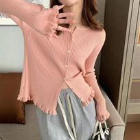 Fungus edge knitted top women's high-end sweet spring and autumn knitted sweater long-sleeved thin coat solid color 47-262 (average size) rožinė