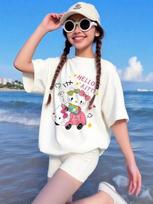 European sizes Cute Pink Car Hello Kitty Print with Hearts Balloons Soft White Cotton Tee for Kids 3 13 Years Summer Beach Outfit 98cm balta