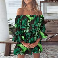 Ladies Casual Sexy One Shoulder Mid Waist Printed Ruffle Sleeve  A-Line Dress M žalia