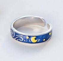 2pcs Couple Design Van Gogh Starry Sky Night Open Rings for Women Men Lovers Elegant Blue Stars Moon Adjustable Ring Jewelry