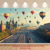 2D European City Backdrop Moscow Cathedral with Colorful Hot Air Balloons Party Photo Background 47.2x31.5inch/120*80cm