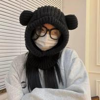 Korean Style Bear Ear Balaclava Hat Windproof Winter Pullover Helmet Cap  Women juoda