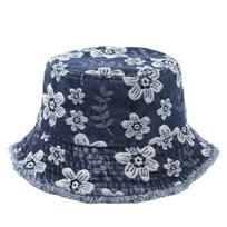 Washed Cowboy Bucket Hats Flower Embroidered Sunscreen Sun Cap Retro Denim Fisherman Hat  Outdoor tamsiai mėlyna spalva