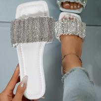 2024 Summer Sandals Women Flip Flops Rhinestone Flat Sandals Ladies Black Slippers Female Round Toe Bling Luxury Sandalias Mujer 43 36 balta