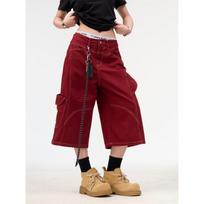 Multi-pocket tooling denim shorts summer deconstruction bright pants design sense wide-leg medium pants men and women S bordinė