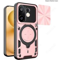 Slide Lens Armor Funda for Vivo X200 FE 5G Case for Vivo S30 Pro Mini 5G Case Magnetic Ring Stand Holder Cover Shockproof Capa Vivo S30 Pro Mini 5G rožinė