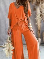 V-Neck Batwing Sleeve Casual Two-Piece Set with Wide-Leg Pants (2025) Women's Fashion S oranžinė
