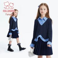 FLO Girls' Academy Style Fake Two-Piece Top & Pleated Skirt Set 140 tamsiai mėlyna spalva