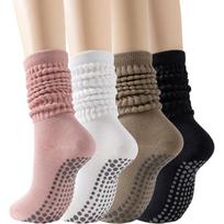 4 Pairs Pilates Grip Socks for Women, Long Non Slip Yoga Sock Calf Socks, Cotton Knee High Scrunch Grippy Socks
