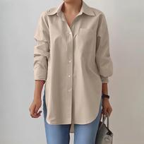 Loose Solid Split Hem Tops Oversize Work Blusas  Spring Elegant Blouse Stylish Women Lapel Neck Long Sleeve Shirt Plus Size S chaki