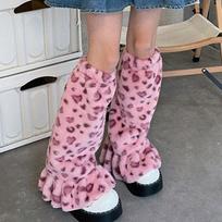 Kawaii Soft Plush Leg Warmers Ruffled Design Baggy Fit Boot Socks Leopard Print Foot Cover Foot Covers Street Style One Size rožinė
