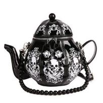 Vintage Gothic Black Skull Teapot Shape Handbag Women Bead Chain Lolita Shoulder Bags Ladies Harajuku Personality Crossbody Bags 20x25x20cm juoda