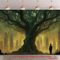 2D Post-Apocalyptic Backdrop Giant Tree with a Man in Suit Looking at the City Party Photo Background 47.2x31.5inch/120*80cm