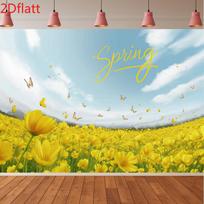 2D Sunny Spring Backdrop Yellow Flower Field with Blue Sky and Butterflies Party Photo Background 47.2x31.5inch/120*80cm