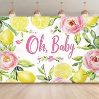 2D Citrus Floral Backdrop  Oh Baby  with Watercolor Peonies and Lemons Background 47.2x31.5inch/120*80cm