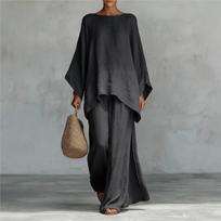 Fashion Linen Loose Long-sleeved Wide-leg Trousers 2-piece Set Women Spring Casual Retro Elegant Female Simple Trousers Suit S tamsiai pilka spalva