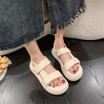 Summer Flat Bottom Thick Bottom Sandals Korean Velcro Round Head Casual Sandals Women Bread Shoes Women 35 balta