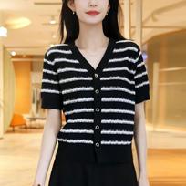 Contrast Color Striped V-neck Knit Cardigan for Women Summer  New V-neck T-shirt Short-sleeved Stylish Top S juoda